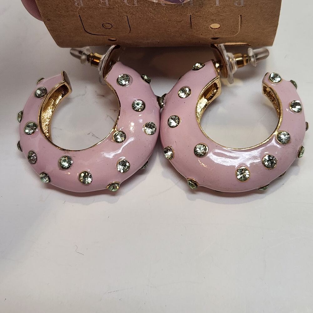 Plunder Design Pink Enamel Rhinestone Hoop Earrings Chunky Post Fashion Jewelry - Picture 3 of 5